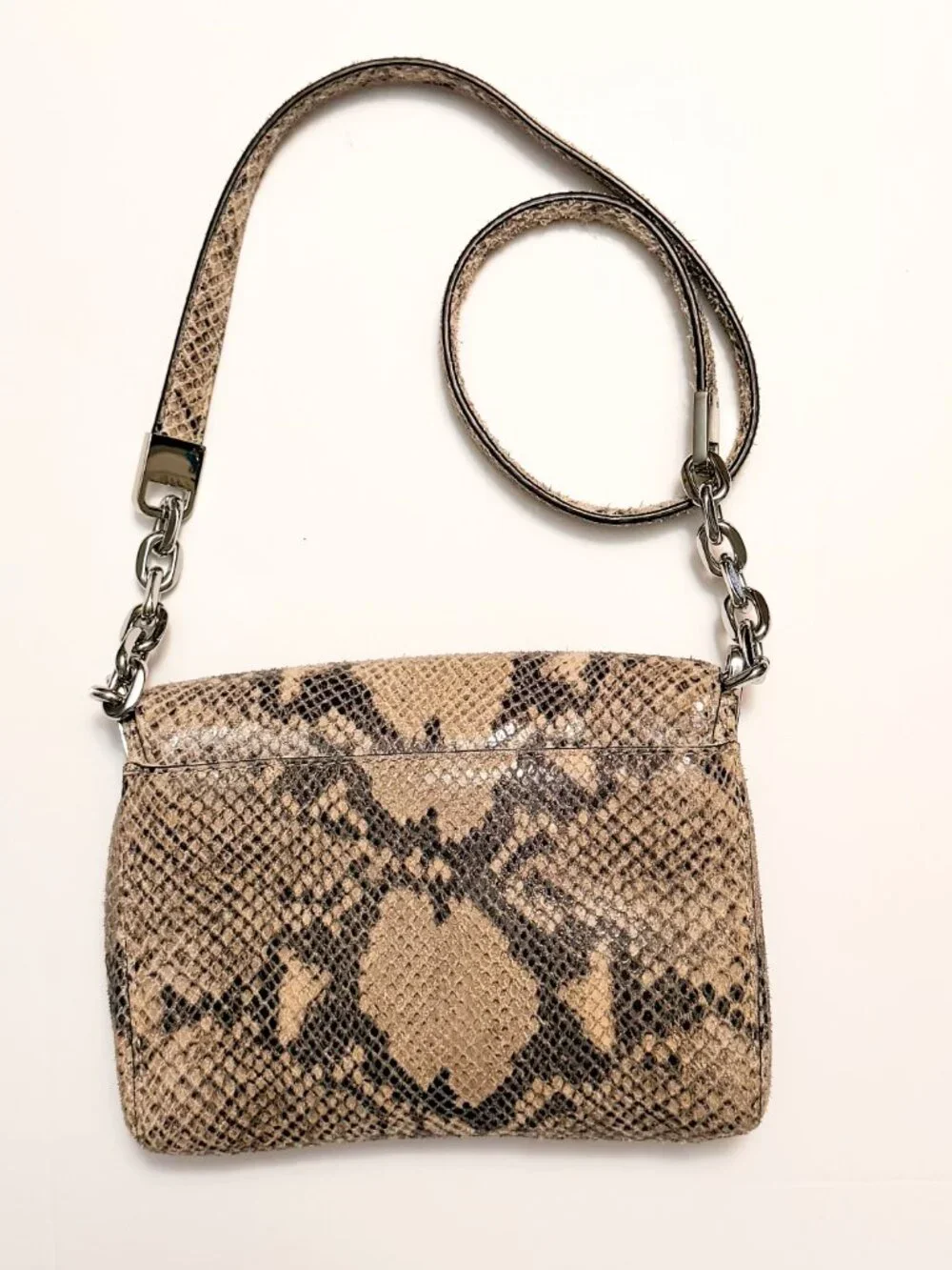 Michael Kors Neutral Snake Print Flap Crossbody Bag Silver Chain Accent